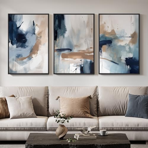 Large Framed Blue Neutral Abstract Wall Art for Living Room (3 Count)