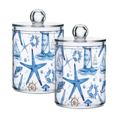 2 Pack Qtip Holder Organizer Dispenser Starfish and Lighthouse Bathroom Storage Canister Cotton Ball Holder Container for Cotton Pads (2 Count)