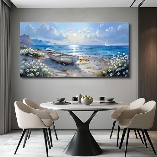 Wall Art For Living Room Canvas Wall Decor For Bedroom Office White Flower Seaside Landscape Painting Restaurant Decorations Printing Picture Artwork Ready To Hang Home Decoration 20"X40"