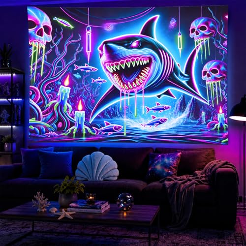 Blacklight Tapestry Shark Underwater Neon Decor 78 x 59 Inch