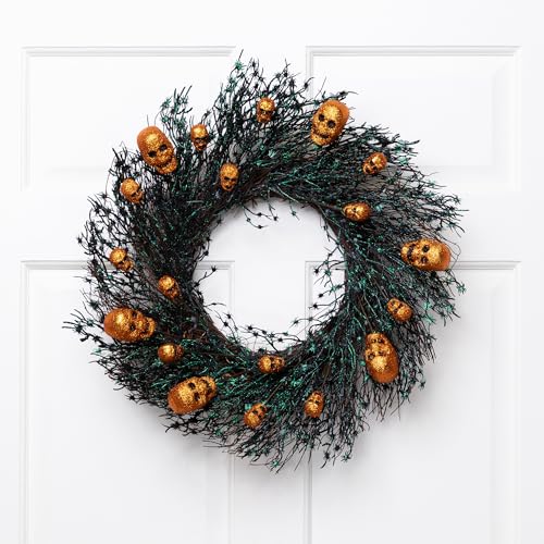 Glittered Skulls and Spiders Halloween Twig Wreath