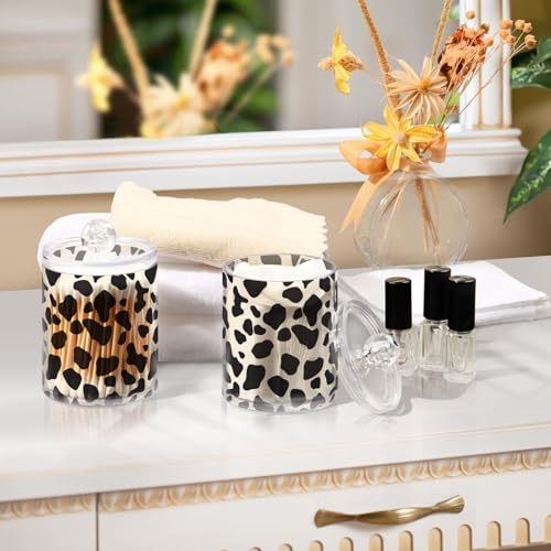 2 Pack Qtip Holder Organizer Dispenser Black Cow Skin Print Bathroom Storage Canister Cotton Ball Holder Container for Cotton Pads (2 Count)