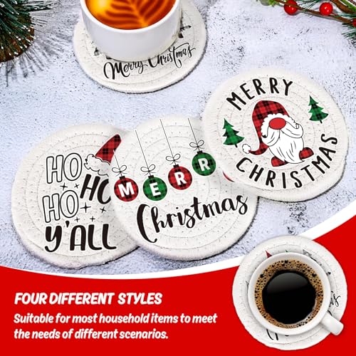 4Pcs Merry Christmas Cup Coasters Handmade Braided Cotton Drink Coasters Xmas Buffalo Plaid Anti Slip Absorbent Tabletop Protection for Home Office Party Tableware (4 Count)