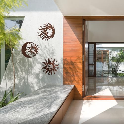Set of 3 Rust Colored Sun Moon Metal Wall Art (3 Count)