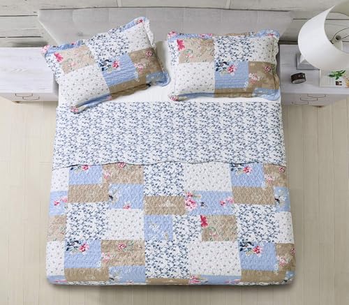 Pink Rose & Beige Toile Patchwork Quilt Set