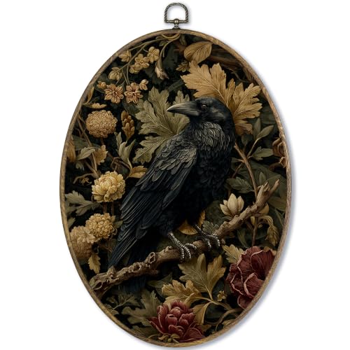 Vintage Gothic Crow Raven Dark Moody Floral Oval Wall Art Decor 9x12