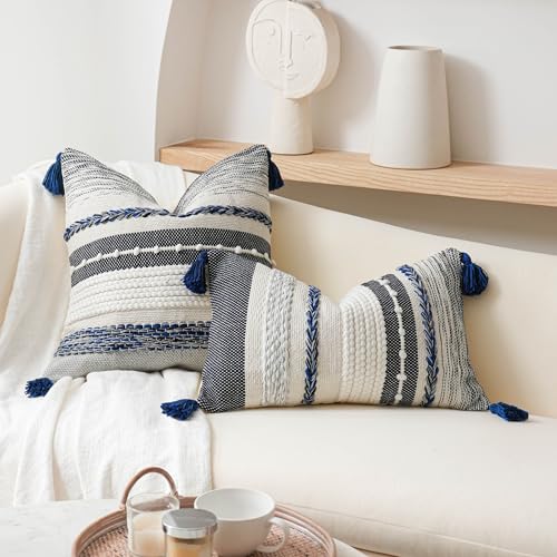 Navy Dark Blue Decorative Throw Pillow Cover 20x20 Square Boho Accent Pillowcase Tassels Farmhouse Cushion for Couch Sofa Bedroom Living Room Home Décor Cover ONLY