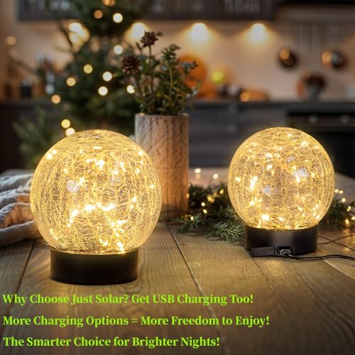Solar Globe Lights Outdoor Large Garden Decor USB Charged 4.72" Diameter 40LED 1000mAh Solar Lights Cracked Glass Globe Solar Power Yard Patio Garden (2 Count)