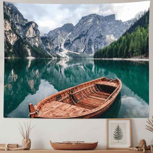 Nature Mountain Lake Boat Tapestry 48x36 Inch