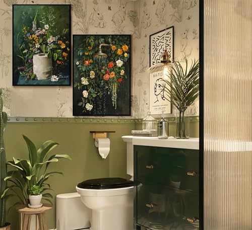 3Pcs Vintage Dark Green Bathroom Wall Art Shower Toilet Paper Roll Floral Poster Print Modern Farmhouse plants Painting Picture Wall Decor For Bathroom Living Room Decoration Unframed (3 Count)