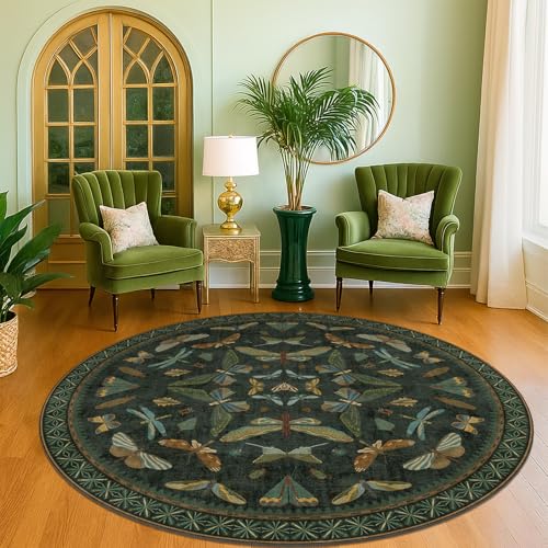 Dark Green Insect 6ft Round Washable Area Rug for Living Room (36 Sq Ft)
