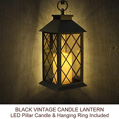 13.5" Black Vintage Candle Lantern with LED Pillar Candle and Timer
