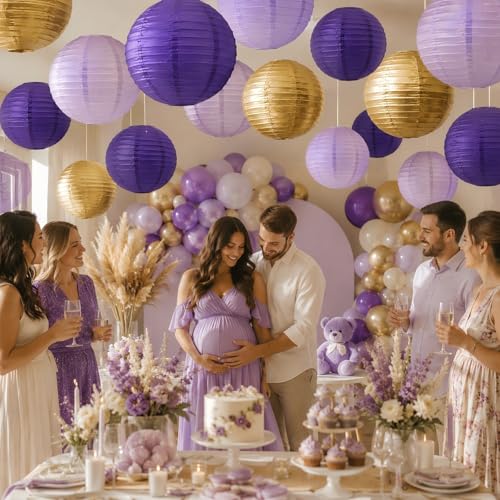 21 Pack Purple Gold Hanging Paper Lanterns Decorative (21 Count)