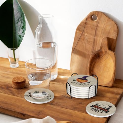 Halloween Coaster for Drinks Set of 6 with Metal Holder and Cork Base Ceramic Drink Coasters Absorbent Cup Mat Non