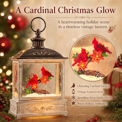 Christmas Snow Globe Water Glittering Cardinal Scene with Music & Timer