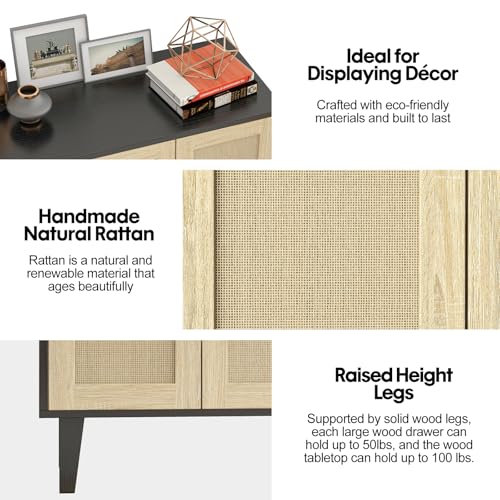 Buffet Storage Cabinet with Rattan Decorating 4 Doors Living Room Kitchen Sideboard 48.43 x 34.65 x 15 inch