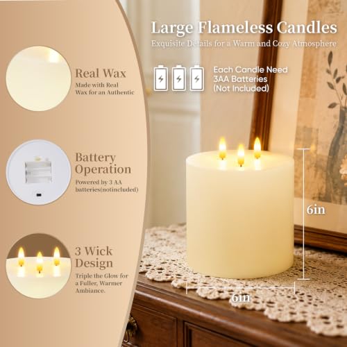 3 Wick Extra Large Flameless Pillar Candles with Timer Remote