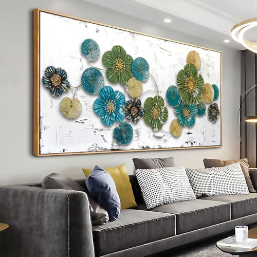 Wall Art Floral Decor Green and Blue Canvas Painting 24"x48" Framed
