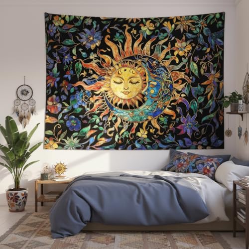 Sun and Moon Tapestry for Bedroom Boho Hippie Floral Wall Tapestry Aesthetic Vintage Stained Glass Plant Small Tapestries Wall Hanging for Living Room Dorm 48 x 36 Inch