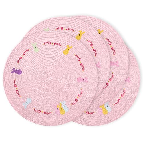 4Pcs Easter Bunny Round Placemats Pink Rabbit Embroidered Place Mats Spring Cute Kitchen Table Mats for Home Wedding Baby Shower Birthday Dinner Party Decor (4 Count)