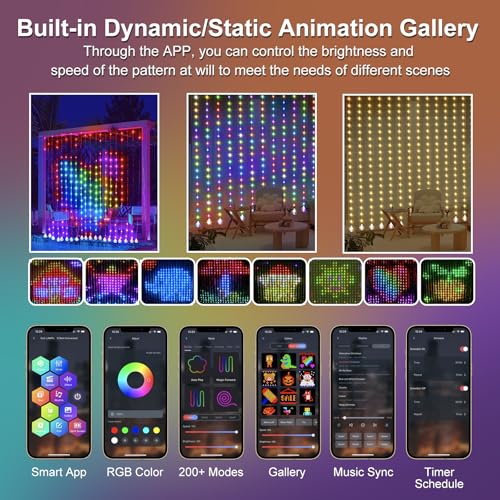 Smart Animated Curtain String Lights Remote APP Control 6.6 x 6.6Ft 400LED RGB Color Changing Waterproof DIY Hanging Window Fairy Light Programmable Music Sync for Christmas