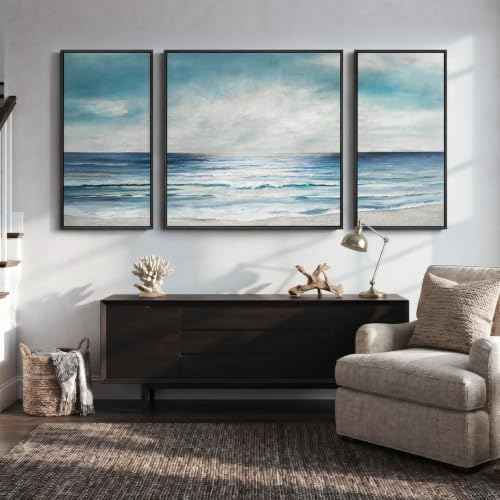 Extra Large Framed Blue White Coastal Wall Art for Living Room (3 Count)