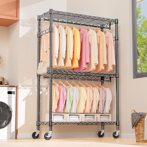 Heavy Duty Rolling Garment Rack 3 Tiers Adjustable Wire Shelving Clothes Rack with 2 Rods and Side Hooks