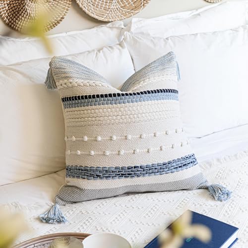 Coastal Blue Boho Decorative Throw Pillow Cover 20x20 Modern Bohemian Accent Pillow Case Square Woven Textured Farmhouse Pillows for Couch Bed