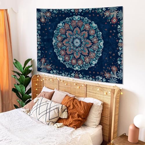 Boho Floral Mandala Tapestry Wall Hanging Blue Bohemian Flower Medallion Tapestry Aesthetic Vintage Navy Hippie Indian Small Tapestries for Bedroom Living Room Dorm Decor 48 x 36 Inch