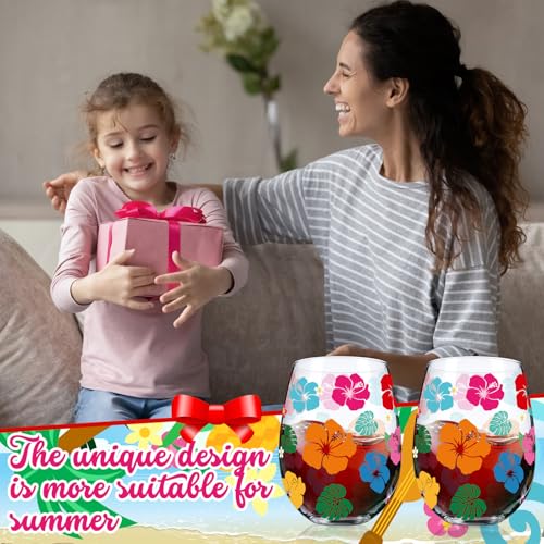 2 Pack 17oz Summer Hawaiian Stemless Wine Glasses Aloha Stemless Wine Glass Luau Colorful Flowers Leaves Tumbler Cups for Hawaiian Tiki Party Supplies Birthday Gift (2 Count)