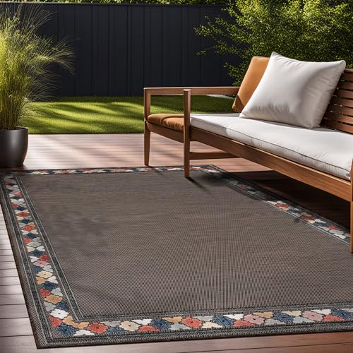 Outdoor Rug 5x7 Modern Bordered Area Rugs for Indoor and Outdoor Patio Easy to Clean Non Shedding Living Room Porch Garden Washable Outside Carpet