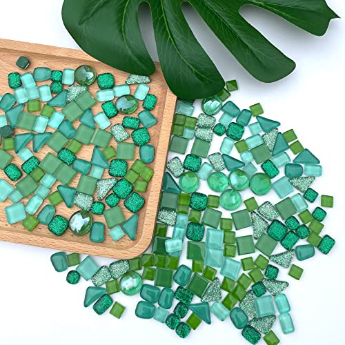 1.1LB Green Mixed Irregular Crystal Glass Mosaic Tiles for Crafts (17.6 Ounce)