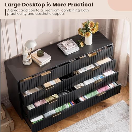 55" Fluted Black 8 Drawer Dresser for Bedroom with Deep Drawers