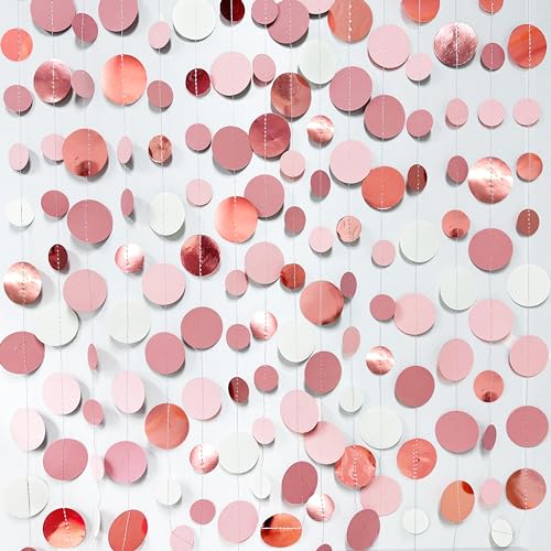 Rose Gold Party Decorations Dusty Pink Circle Dots Garland Blush Pink Hanging Paper Polka Dot Streamer for Birthday Wedding Bridal Shower Bachelorette Engagement Anniversary Party Supplies
