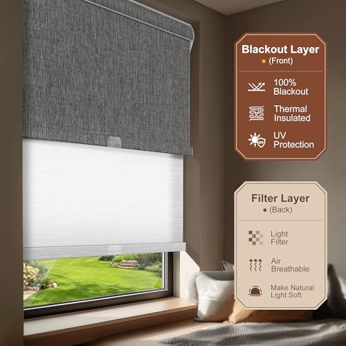 Cordless Dual Roller Shades.Dark Grey Linen & White.74 W x 80" H