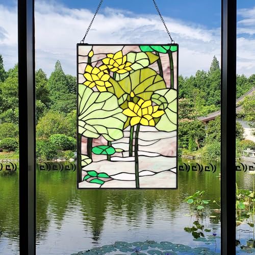 Stained Glass Window Hanging 16" H x 11" W Tiffany Style Rectangular Window Panel Suitable for Living Room Bedroom Kitchen Window Decoration Hangings with Chain