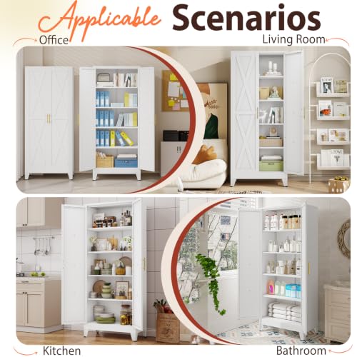 71" White Metal Storage Pantry Cabinet