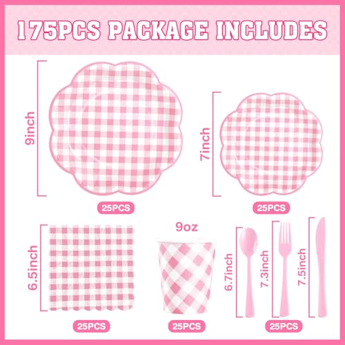 175 Pcs Pink Gingham Plates and Napkins Party Supplies