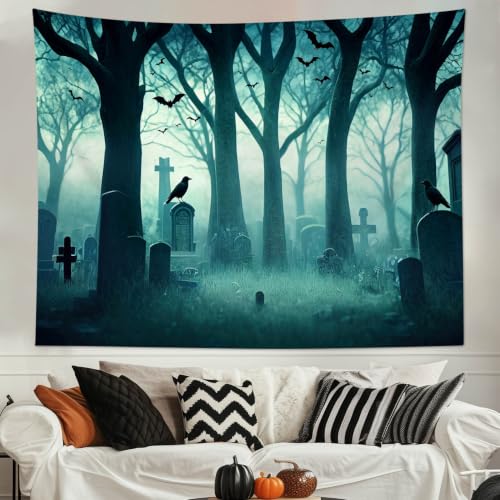 Halloween Forest Tapestry Spooky Cemetery Bat Wall Decor 80Wx60L Inch
