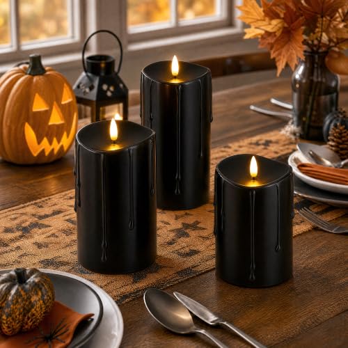 Black Real Wax Dripping Halloween Flameless Pillar Candles with Remote (3 Count)