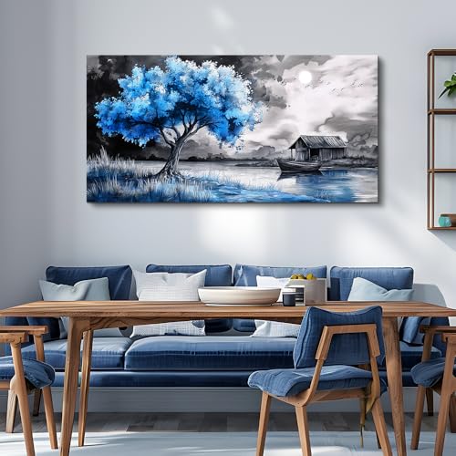 Large Wall Art For Living Room Wall Decor For Bedroom Black White Scenery And Blue Trees Wall Painting Modern Home Decoration Room Office Restaurant Canvas Art Prints Home Decor 20x40 In