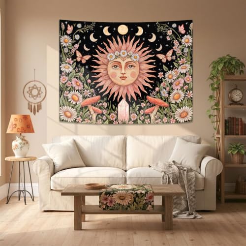 Boho Pink Sun Moon Phase Daisy Flower Floral Tapestry 48 x 36 Inch