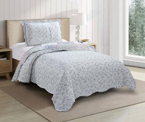 Blue & Pink Roses Toile Lively Patchwork Quilt Set