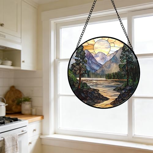 Mountain Lake Stained Glass Window Hanging Suncatcher Gifts for Women 15"