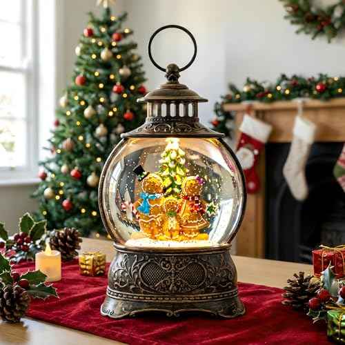 Christmas Snow Globe Water Lantern with Gingerbread Scene Battery Operated or USB Powered Musical Lighted Holiday Decoration for Tabletop Display for Family and Friends