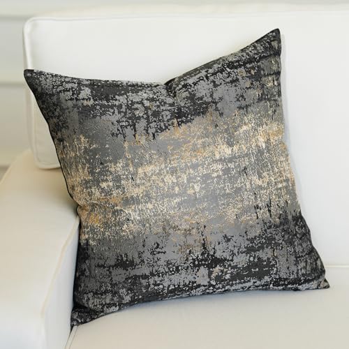 Charcoal Champagne Metallic Jacquard Throw Pillow Cover 24x24 Velvet Back Modern Glam Sofa Decor
