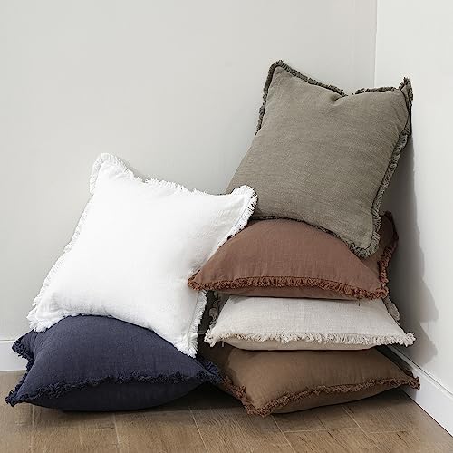 Boho Linen Fringe Lumbar Throw Pillow Covers 12×24 Khaki Brown (2 Count)