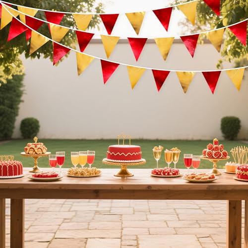 Red Gold Party Decorations Metallic Fabric Triangle Pennant Banner Flag Bunting Garland for Graduation Birthday Wedding Bachelorette Anniversary Baby Shower Christmas Holiday New Year Party Supplies (36 Count)