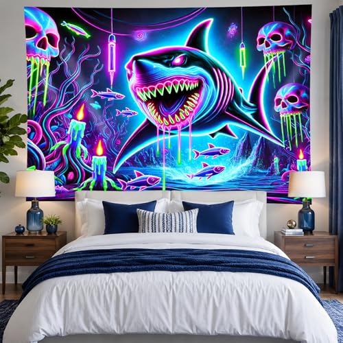 Blacklight Tapestry Shark Underwater Neon Decor 78 x 59 Inch