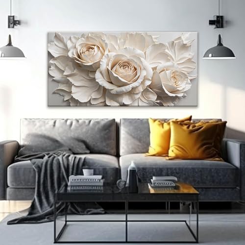 Modern White Flower Canvas Wall Art Decor For Living Room 24" X 48"